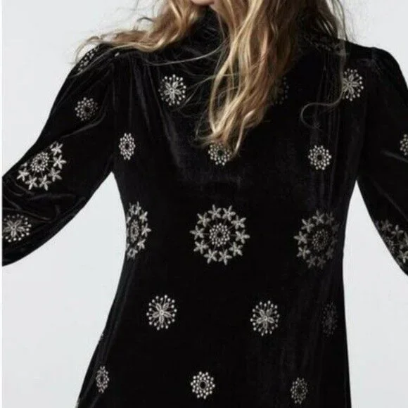 zara embroidered velvet dress Bluesow Feather & Thistles Embroidered Puff Sleeve Velour Mini Dress –  Disturbia main image 1